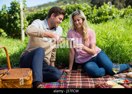 Happy man pouring wine in glass held by woman sitting on picnic blanket Stock Photo