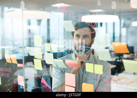 Thoughtful businessman looking at strategy written on glass at office Stock Photo