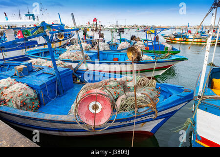 Traditional fishing boat in rHoumt Souk, Marina, Tunisia, fishing boats, Djerba island, Stock Photo