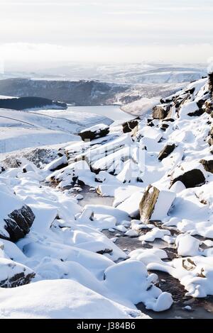 Snow covered countryside in winter with Kinder Reservoir viewed from Kinder Scout, Peak District, UK Stock Photo