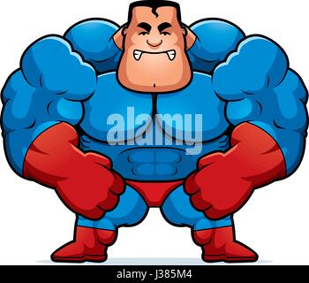 A cartoon illustration of a muscular superhero looking angry. Stock Vector