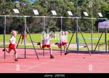 Primary school australian children participating in their primary school 100m sprint dip at the finish line, annual athletics events,Sydney,Australia Stock Photo