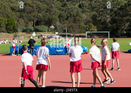 Primary school australian children participating in their primary school annual athletics events,Sydney,Australia Stock Photo