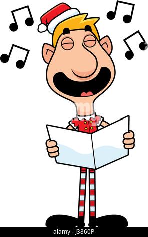 An illustration of a cartoon Christmas elf singing carols. Stock Vector