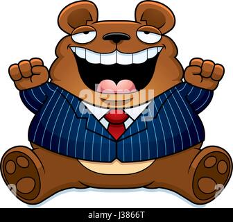 A cartoon illustration of a fat bear in a suit smiling and sitting. Stock Vector