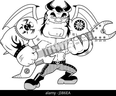 A cartoon illustration of a heavy metal demon playing guitar. Stock Vector