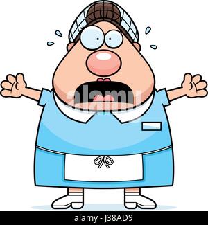 A cartoon illustration of a lunch lady looking scared. Stock Vector