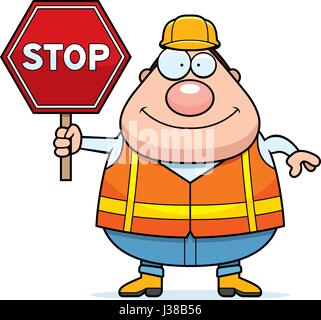 A cartoon illustration of a road worker with a stop sign. Stock Vector