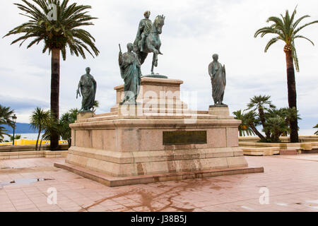 Corsica's Native son Napoleon Bonaparte is memorialized with many monuments in Ajaccio, including this equestrian statue in Place De Gaulle, Ajaccio. Stock Photo