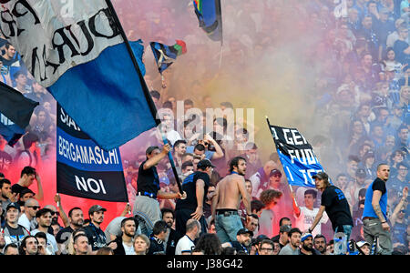Atalanta's football fans cheering at the stadium, in Bergamo, Italy.