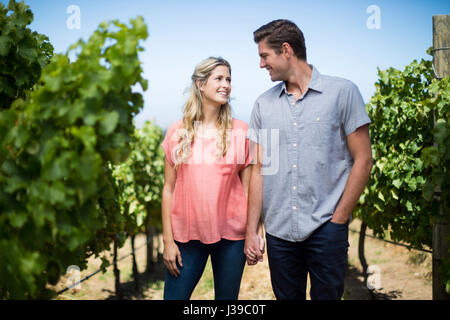 Happy young couple holding hands while standing at vineyard against clear blue sky Stock Photo