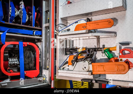 Interior view from a professional fire brigade equipment in a fire truck - HDR Stock Photo