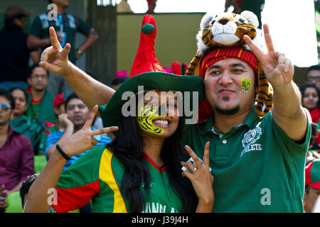 Jubilant cricket fans during the match of the 10th ICC Cricket World Cup at Sher –E- Bangla National Cricket Stadium. Dhaka, Bangladesh. Stock Photo