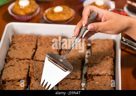 Delicious brown colored chocolate brownies lined up, square pieces as seen from above angle, metal cake cutter being used, pastry concept Stock Photo