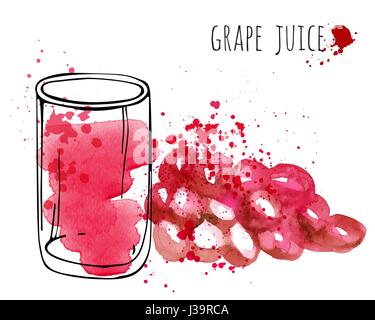 Grape juice in glass and grapevine vector illustration. Watercolor sketch about grape drink and fresh juice. Hand draw glass and health grapes drink. Stock Vector