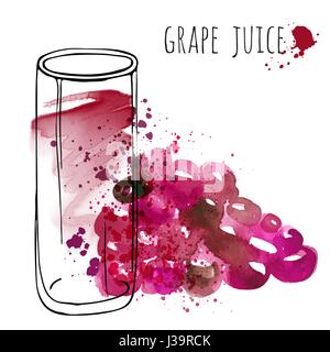 Grape juice in glass and grapevine vector illustration. Watercolor sketch about grape drink and fresh juice. Hand draw glass and health grapes drink. Stock Vector