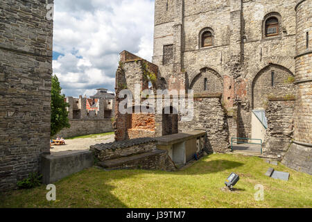 GENT, BELGIUM - JULY 6, 2016 : Interior view of medieval castle named Gravensteen (Castle of the Counts) in Ghent, Belgium on cloudy sky. Stock Photo