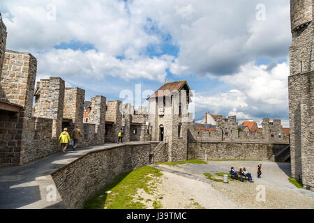 GENT, BELGIUM - JULY 6, 2016 : Interior view of medieval castle named Gravensteen (Castle of the Counts) in Ghent, Belgium on cloudy sky. Stock Photo