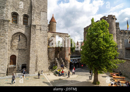 GENT, BELGIUM - JULY 6, 2016 : Interior view of medieval castle named Gravensteen (Castle of the Counts) in Ghent, Belgium on cloudy sky. Stock Photo