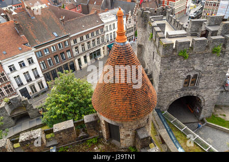 GENT, BELGIUM - JULY 6, 2016 : Interior view of medieval castle named Gravensteen (Castle of the Counts) in Ghent, Belgium on cloudy sky. Stock Photo