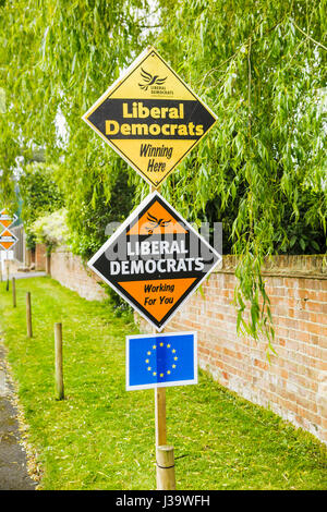 Roadside orange diamond-shaped boards, placards or signs on grass verge supporting and electioneering for the Liberal Democrat political party Stock Photo