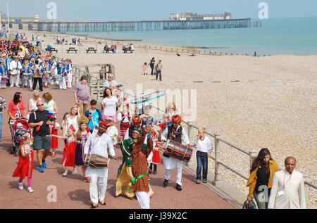 Musafir -Gypsies of Rajasthan, Indian music group, parade along the seafront at the St. Leonards Festival at St.Leonards-on-Sea on July 12, 2014. Stock Photo