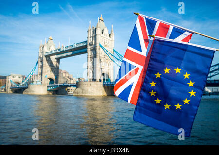 EU European Union and UK United Kingdom flags flying together in Brexit solidarity in front of the London, England skyline at Tower Bridge