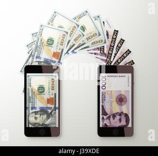 International mobile money transfer with smart phone. 3d rendered illustration. Stock Photo