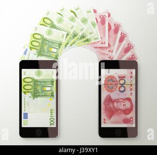 International mobile money transfer with smart phone, Euro to Chinese yuan. 3d rendered illustration. Stock Photo