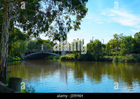 View of King William Bridge, from Adelaide Riverbank acroos the Torrens River, South Australia. Stock Photo