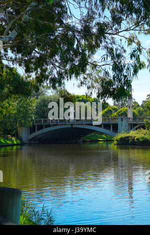 View of King William Bridge, from Adelaide Riverbank acroos the Torrens River, South Australia. Stock Photo