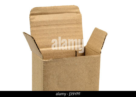 Long rectangle opened brown cardboard box packaging blank template in isolated on white background. Stock Photo