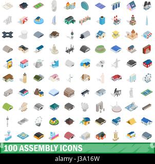 100 assembly icons set, isometric 3d style Stock Vector
