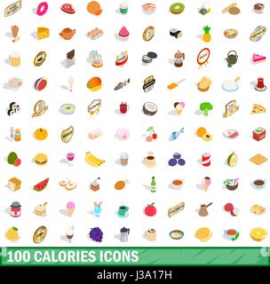 100 calories icons set, isometric 3d style Stock Vector