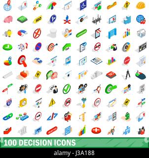 100 decision icons set, isometric 3d style Stock Vector