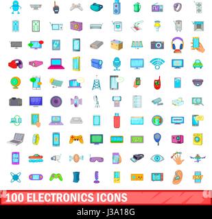 100 electronics icons set, cartoon style Stock Vector