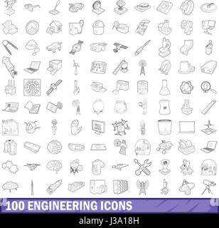 100 engineering icons set. Outline illustration of 100 engineering ...