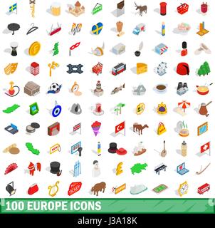 100 europe icons set, isometric 3d style Stock Vector