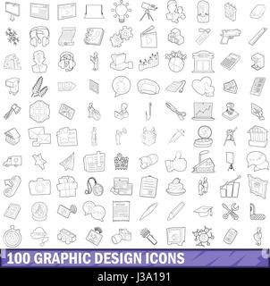 100 graphic design icons set, outline style Stock Vector