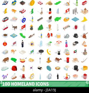 100 homeland icons set, isometric 3d style Stock Vector