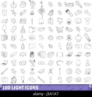 100 light icons set, outline style Stock Vector