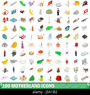 100 motherland icons set, isometric 3d style Stock Vector