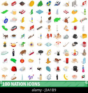 100 nation icons set, isometric 3d style Stock Vector