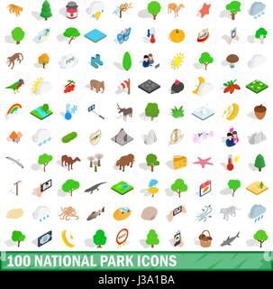 100 national park icons set, isometric 3d style Stock Vector