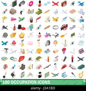 100 occupation icons set, isometric 3d style Stock Vector