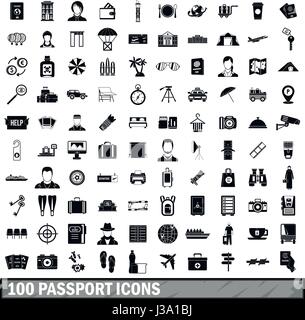 100 passport icons set, simple style  Stock Vector