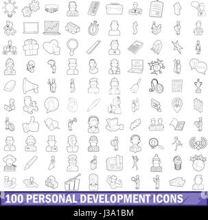 100 personal development icons set, outline style Stock Vector