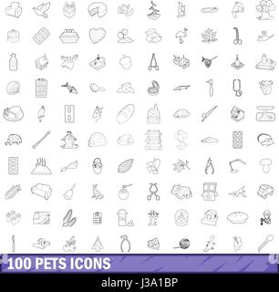 100 pets icons set, outline style Stock Vector