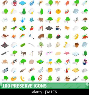 100 preserve icons set, isometric 3d style Stock Vector