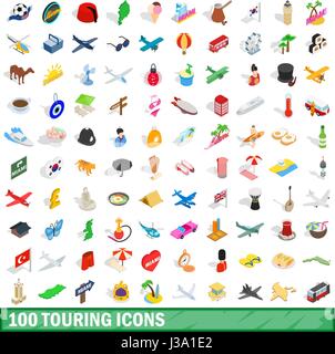 100 touring icons set, isometric 3d style Stock Vector